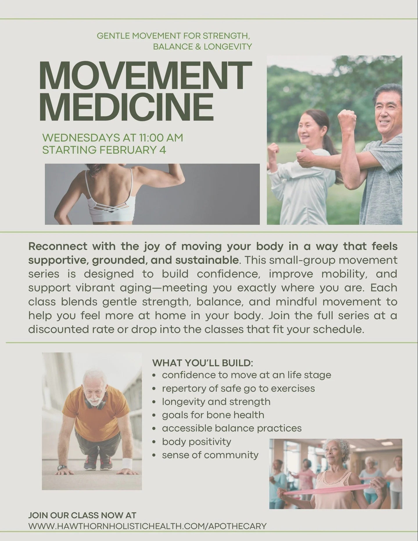 Movement Medicine small group class series coming to Hawthorn starting Feb 4th! Gentle, strength, balance, and support for vibrant aging. 

Sign up on our website on the events and shop page!