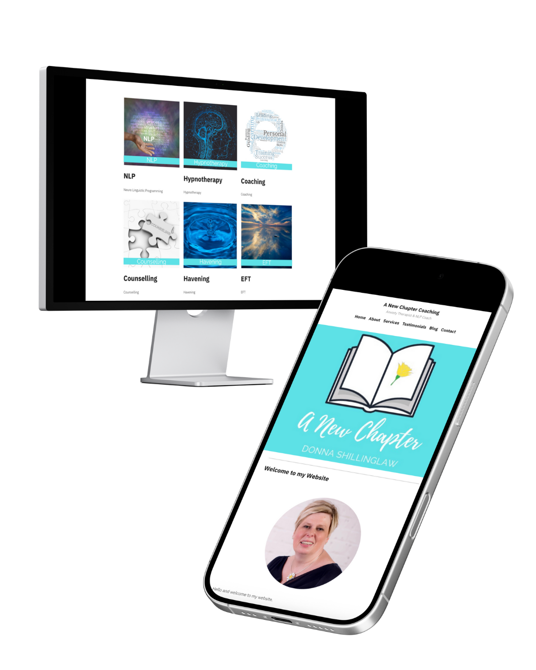 A desktop monitor displaying a webpage with services like NLP, hypnotherapy, coaching, counselling, and EFT; a smartphone showing a coaching website front page with a book logo, a woman’s photo, and navigation menu.