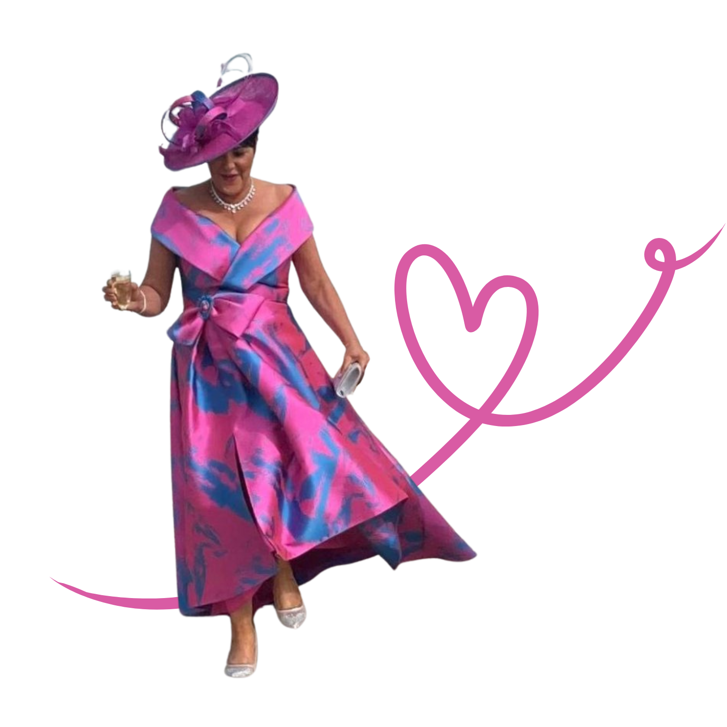 Woman in a pink and blue dress with matching wide-brimmed hat, jewelry, and holding a small drink and phone, walking in an elegant manner.