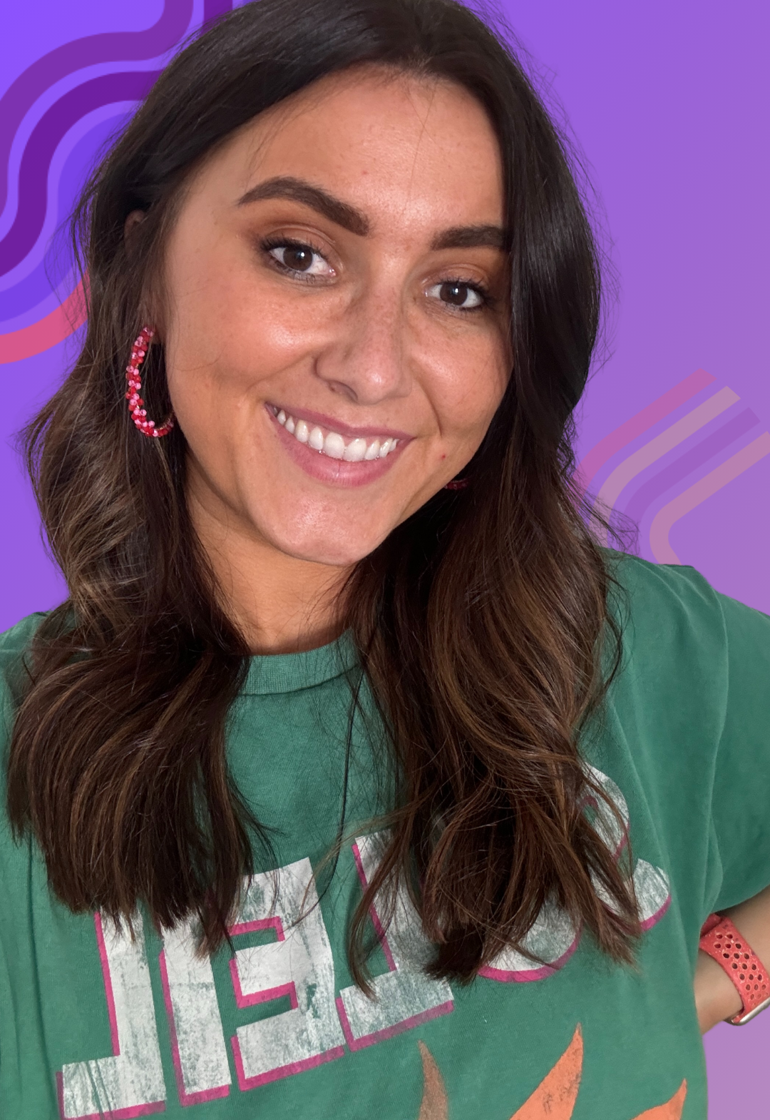 Caitlin Dalziel, owner of Cada Creative, standing smiling. Caitlin has medium length brown hair, wearing a green T-shirt and pink earrings. The background is purple with swirls.