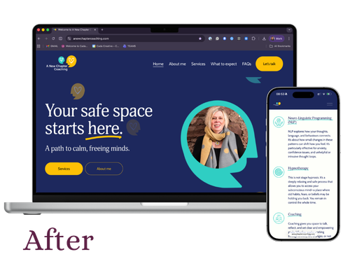 Laptop and smartphone displaying an anxiety therapy website with a smiling woman in a circular frame, blue background, and yellow buttons.