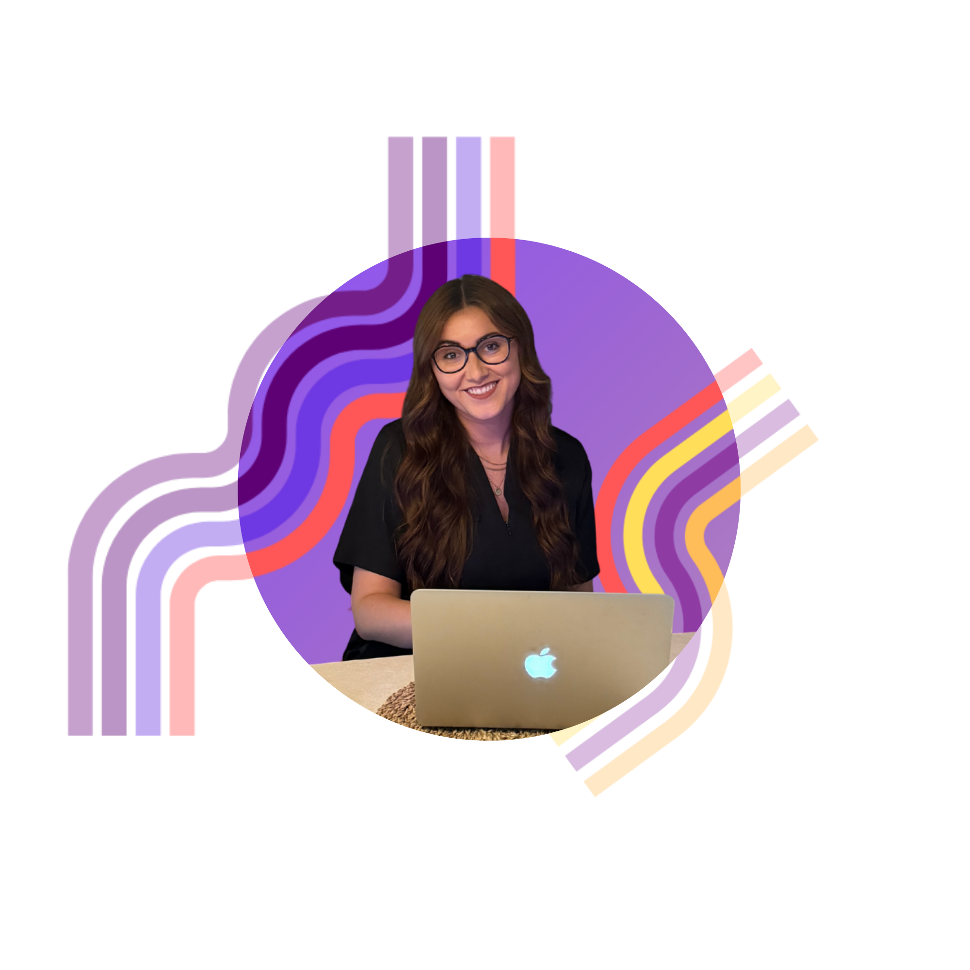 A woman—Caitlin Dalziel, the founder of Cada Creative—with long brown hair, wearing glasses and a black shirt, smiling while sitting at a desk with a silver laptop.