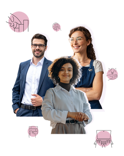 A diverse group of three with a man, and two women standing together, smiling. Around them are illustrated icons representing marketing support services.