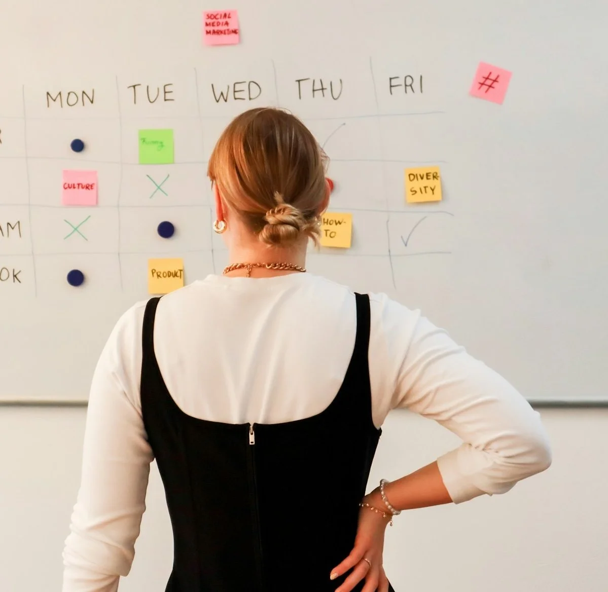 Image shows a woman facing a board with a Monday to Friday schedule and coloured post-it notes in different squares, representing a planner.