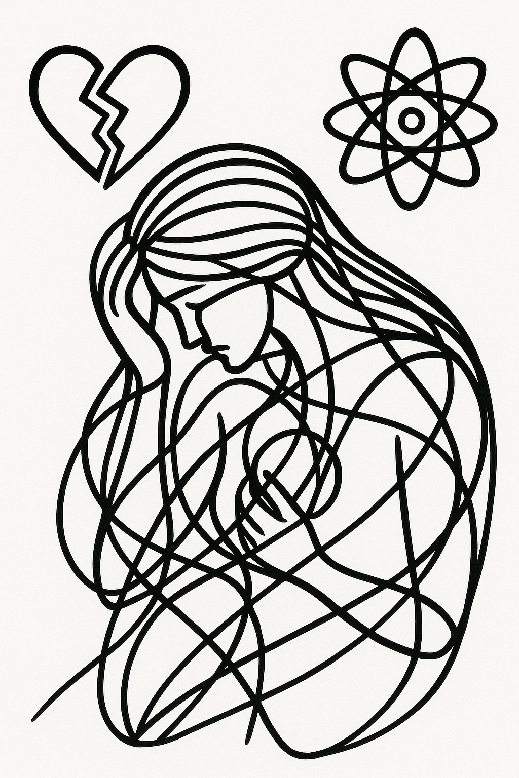 Person mit individueller Krise in Haan. Linienzeichnung einer nachdenklichen Person mit gesenktem Kopf, über ihr Symbole für mögliche individuelle Krisen. Gemeinsam Wege finden in schwierigen Zeiten.