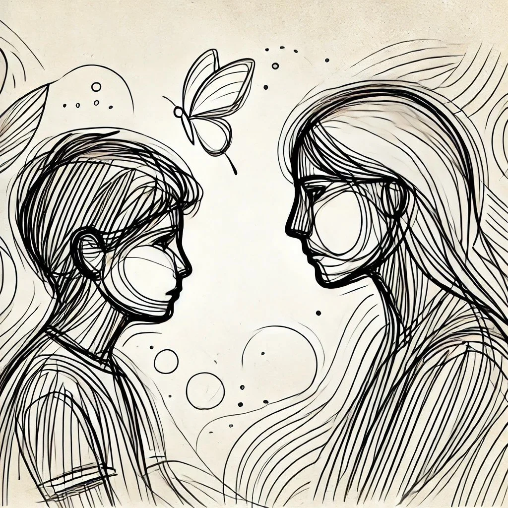 Kinder - & Jugendlichentherapie. online und in Haan Schwarz-weiß-Illustration von Therapeutin und Kind / Jugendlicher, die sich gegenüberstehen, mit einem Schmetterling zwischen ihnen und abstrakten Linien im Hintergrund.