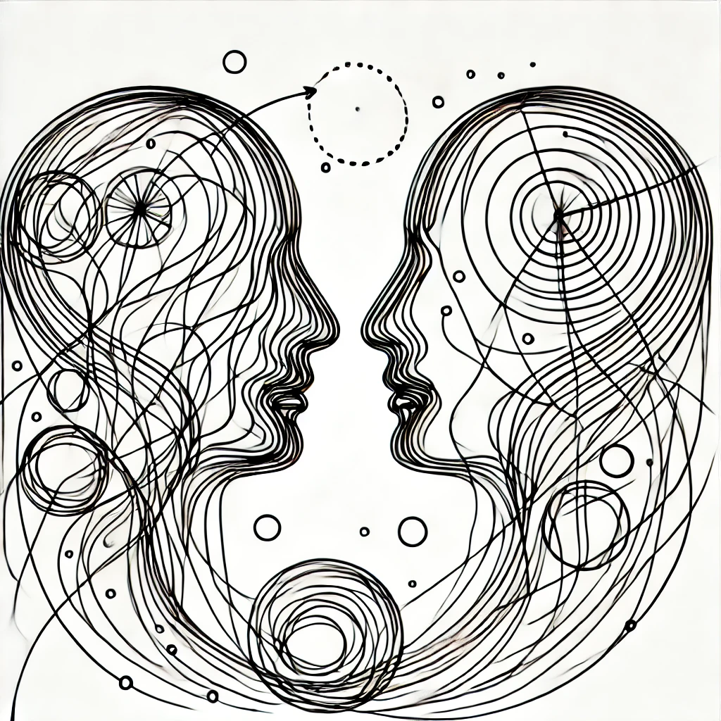 Systemische Therapie in der Gesundheitsberatung. Zwei schematische Gesichter in Profilansicht, die durch Linien verbunden sind, mit geometrischen Formen und Kreisen darin, eine abstrakte Illustration von Kommunikation über gesundheitliche Probleme.