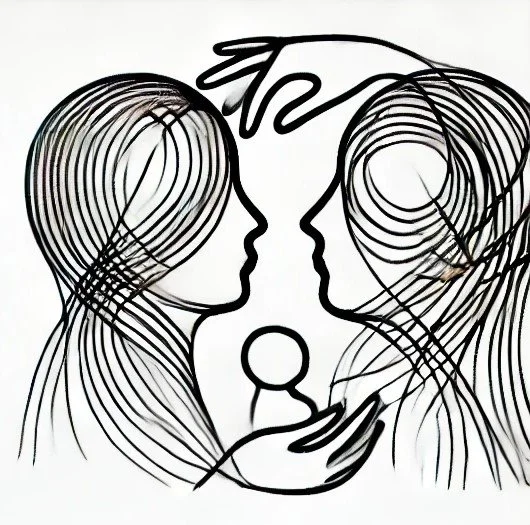 Systemische Familientherapie, systemische Familienberatung online und in HaanLinienzeichnung von zwei Gesichtern, die sich gegenüberstehen, mit einem Kind zwischen ihnen.