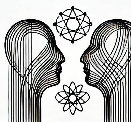 Einzeltherapie und -coaching. Zwei stilisierte Silhouetten von Köpfen von Therapeutin und Klienten, die sich gegenüberstehen, verbunden durch geschwungene Linien, die die Krisen der Klienten darstellen.