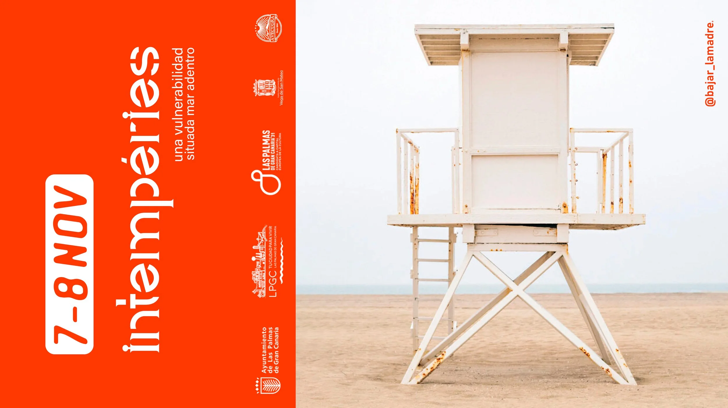 Cartel de ‘Intempéries. Una vulnerabilidad situada mar adentro’, 7 y 8 de noviembre: a la izquierda, una franja naranja con el título y los logotipos de las entidades organizadoras; a la derecha, una torre de socorrista vacía en una playa
