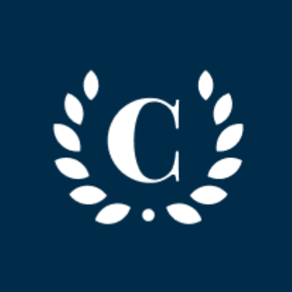 A white letter 'C' surrounded by a laurel wreath on a dark blue background.