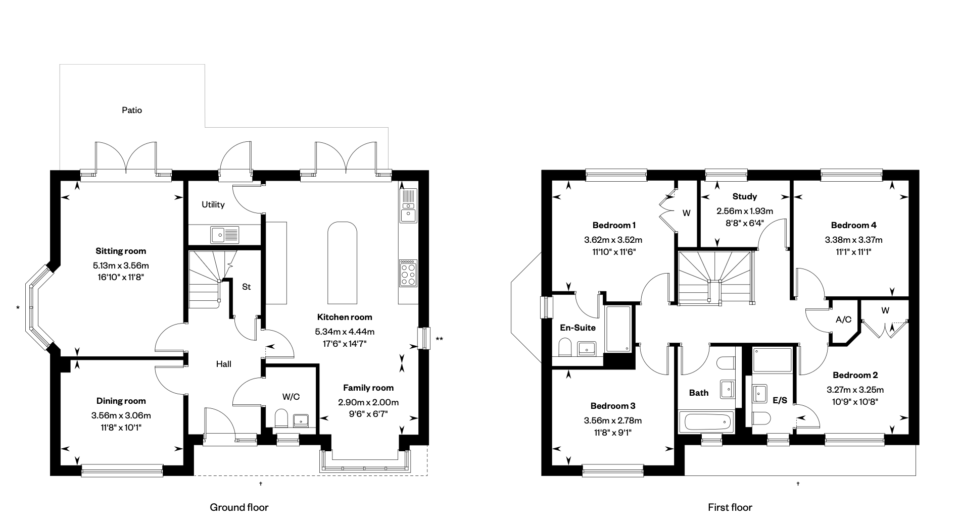 Floor plan of a two-story house with labeled rooms, including a sitting room, dining room, kitchen, family room, utility room, hall, and patio on the ground floor; and four bedrooms, study, bathrooms, and closets on the first floor.
