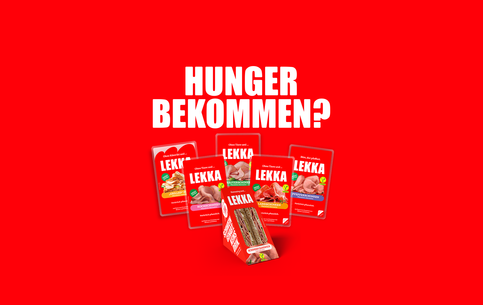 Rote Hintergrund mit weißem Text: 'Hunger bekommen?' und mehreren veganen Fleischersatzprodukten auf Verpackungen von Lekka
