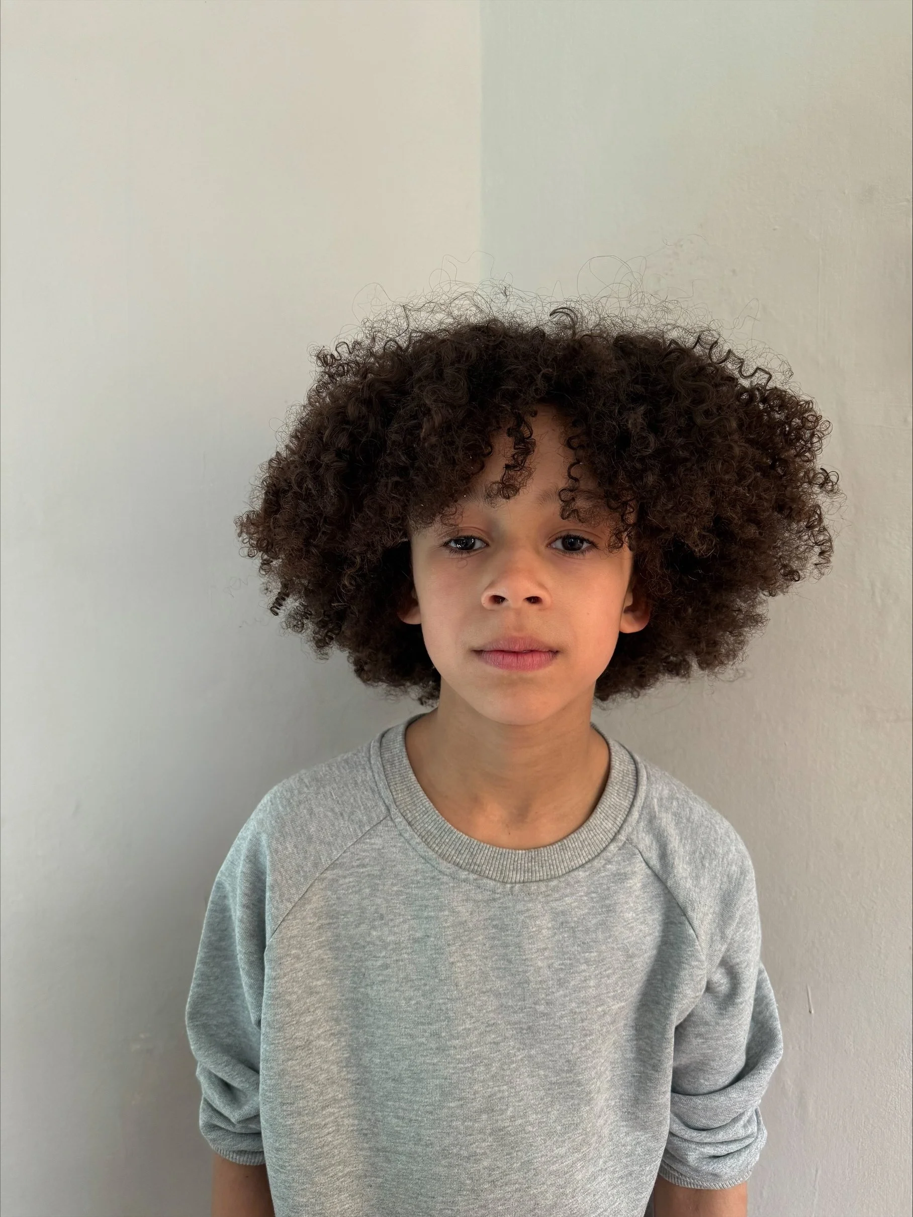 A young boy with curly dark brown hair, standing against a plain light-colored wall, wearing a gray sweatshirt.