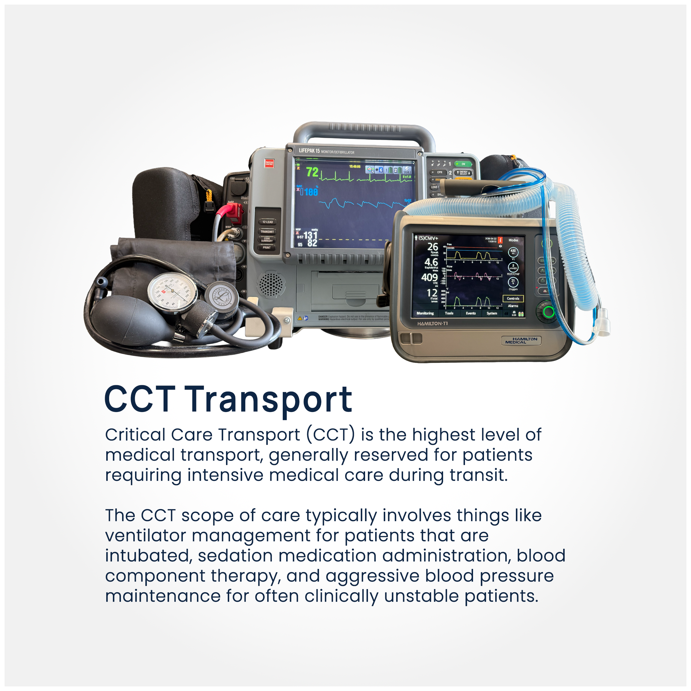 Medical equipment including a patient monitor displaying vital signs, a blood pressure cuff, and a ventilator tube, placed on a white background, illustrating advanced medical care tools.