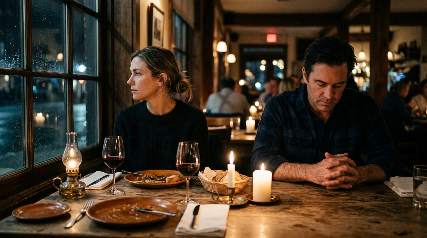 Couple at dinner, each looking away