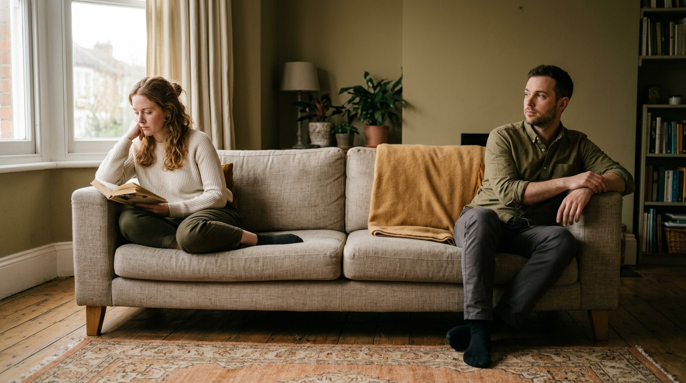 Couple sitting apart on a couch, quiet distance between them
