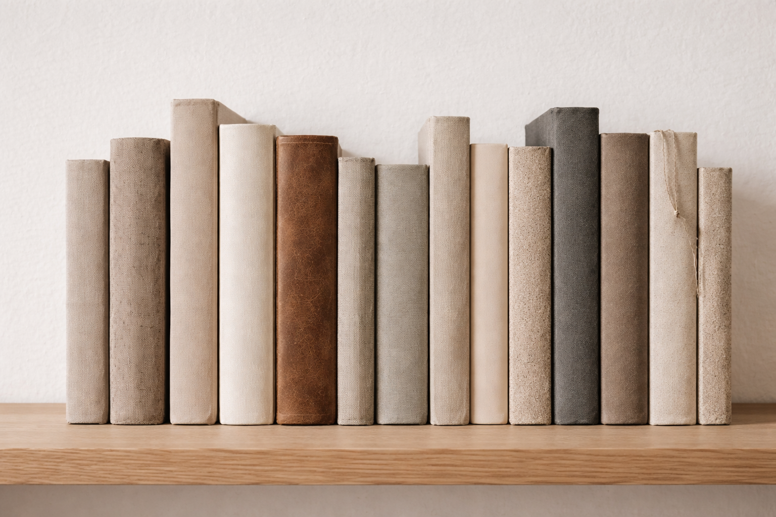 Row of neutral-toned books on a shelf
