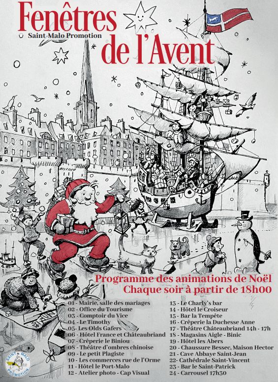 Affiche de l'événement de Noël, intitulée 'Fenêtres de l'Avent', avec des illustrations de Noël, un navire en bateau, le Père Noël, des enfants, des chiens, et une liste des animations proposées chaque soir à partir de 18h00, dans une ville.