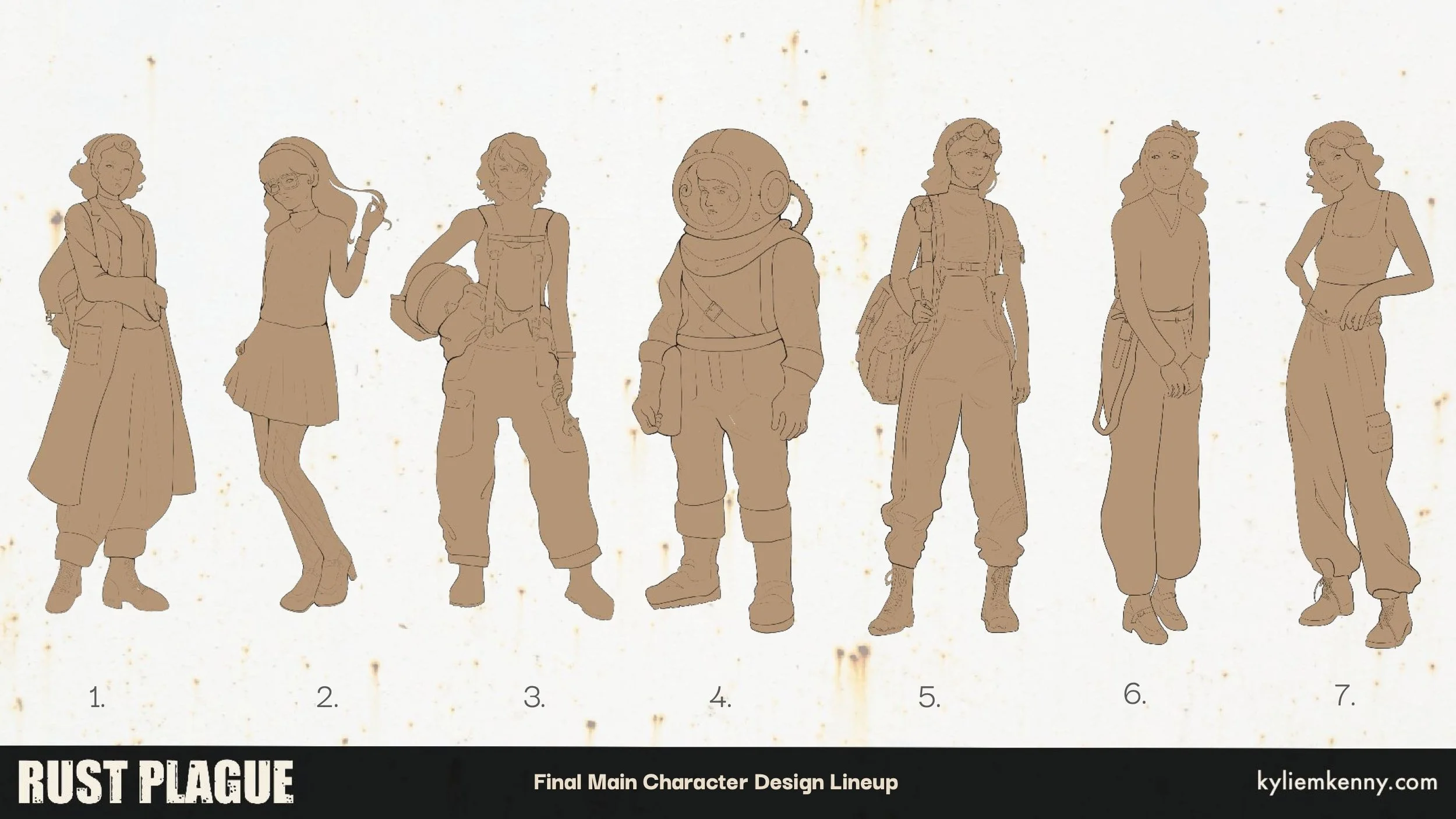 A digital illustration showing six female characters in different stages of coloring, from a grayscale outline on the left to fully colored on the right. Each character is wearing a black tank top, baggy cargo pants with side zippers, hiking boots, a
