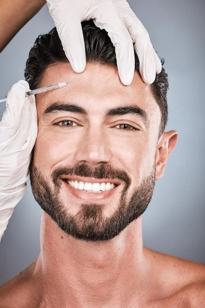 A man with a beard getting a Botox injection in his forehead, smiling, as a medical professional wearing gloves administers the treatment.