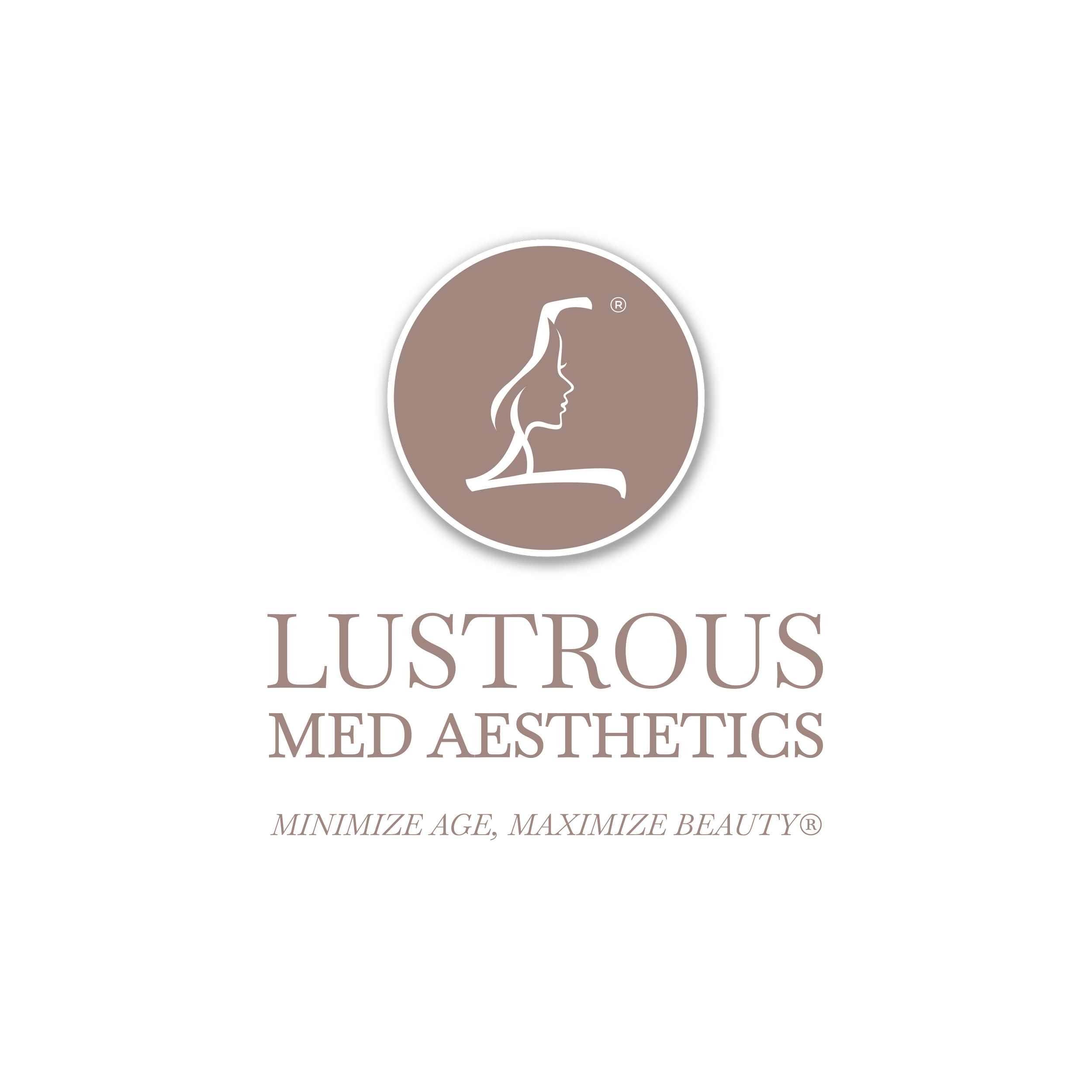 Lustrous Med Aesthetics logo with a stylized profile of a woman's face inside a circle, and the tagline 'Minimize Age, Maximize Beauty.'