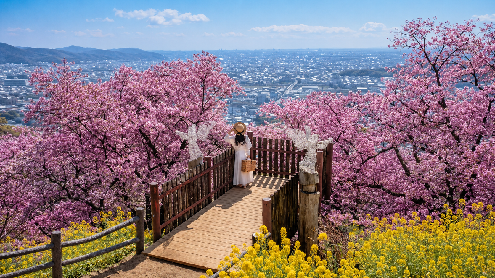 A woman in a white dress and hat stands on a wooden viewing platform surrounded by pink cherry blossoms and yellow flowers, overlooking a cityscape with mountains in the distance on a clear day.