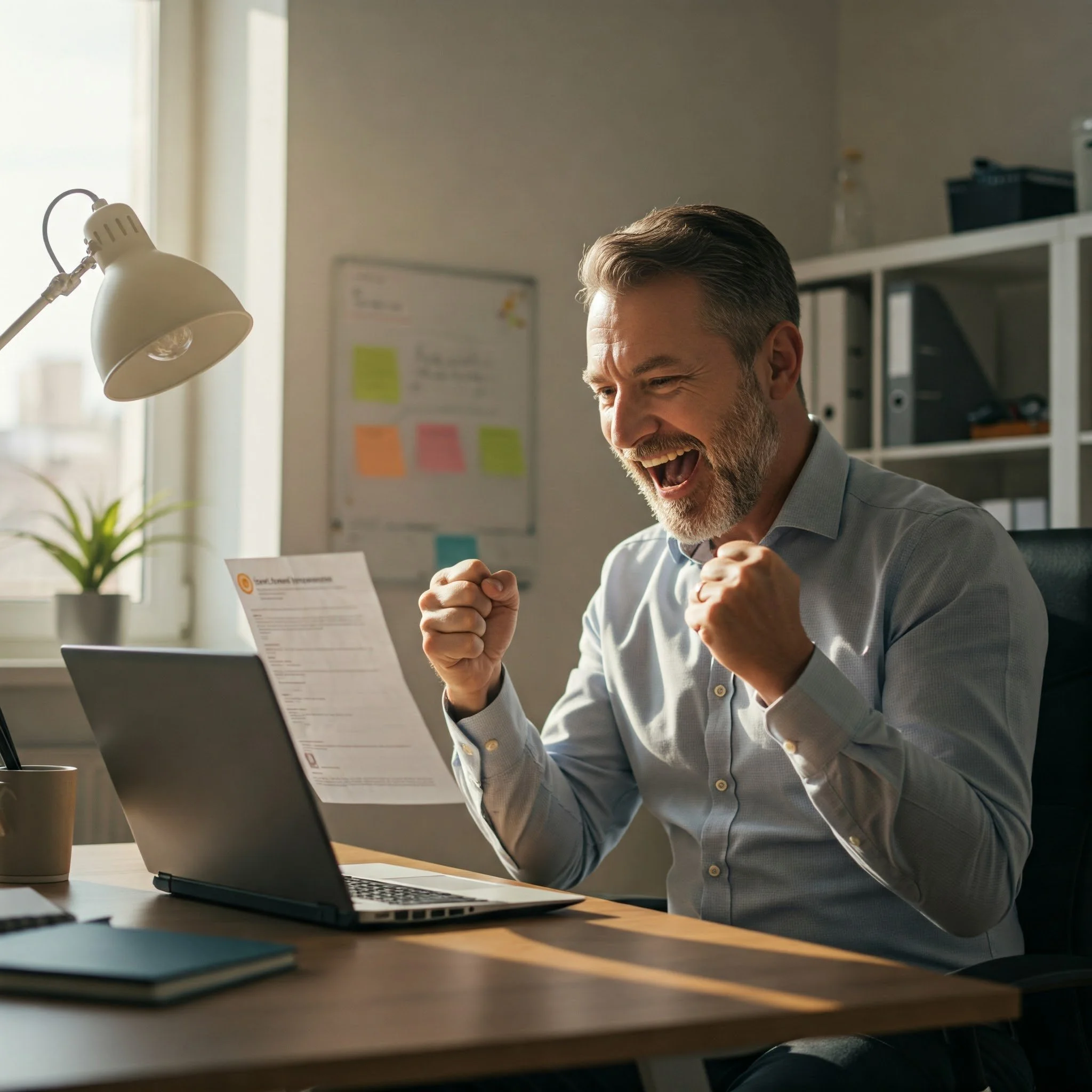 Ein Mann feiert in einem Büro, sitzt an einem Schreibtisch mit einem Laptop und Papier, im Hintergrund stehen ein Bücherregal und eine weiße Tafel.