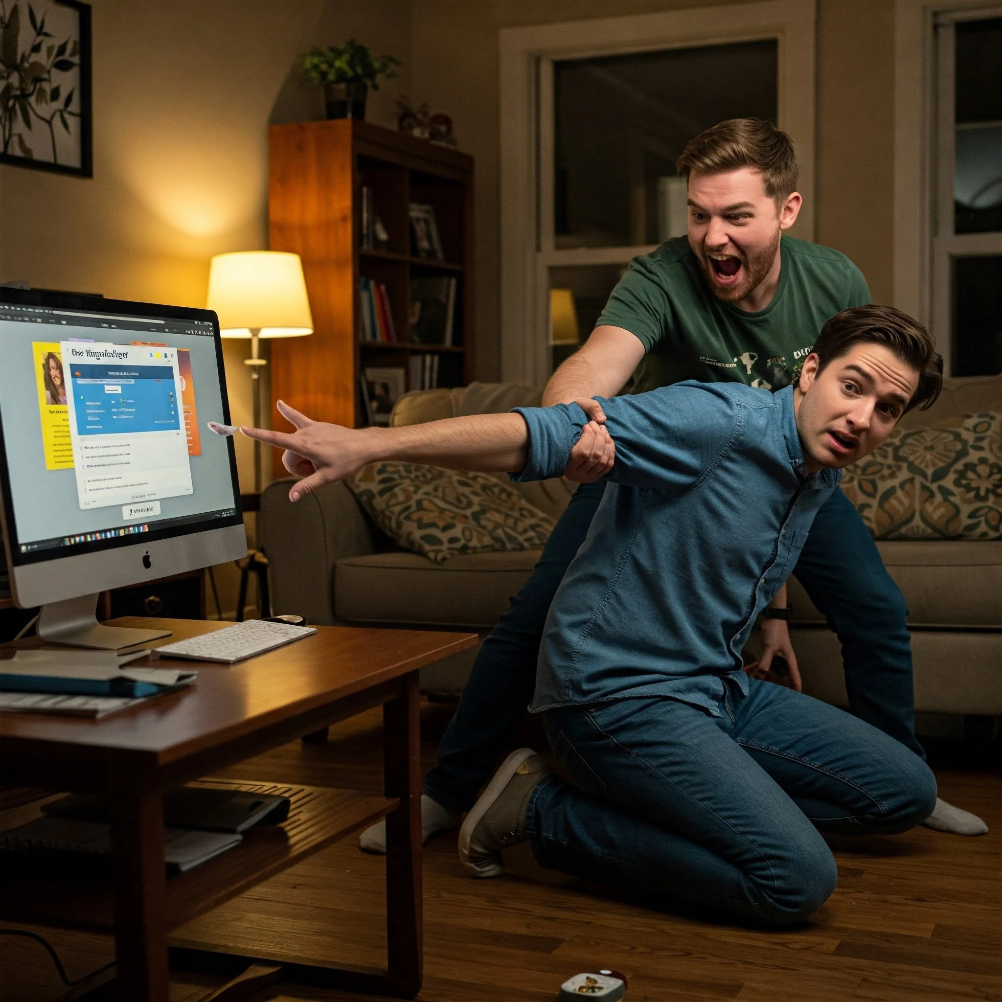 Dwóch mężczyzn w salonie, jeden klęczy na podłodze, wyglądając na zaskoczonego, podczas gdy drugi podekscytowany chwyta go za ramię. Komputer stacjonarny wyświetla stronę internetową na stoliku obok. W pokoju znajduje się kanapa, półka z książkami i zapalona lampa.