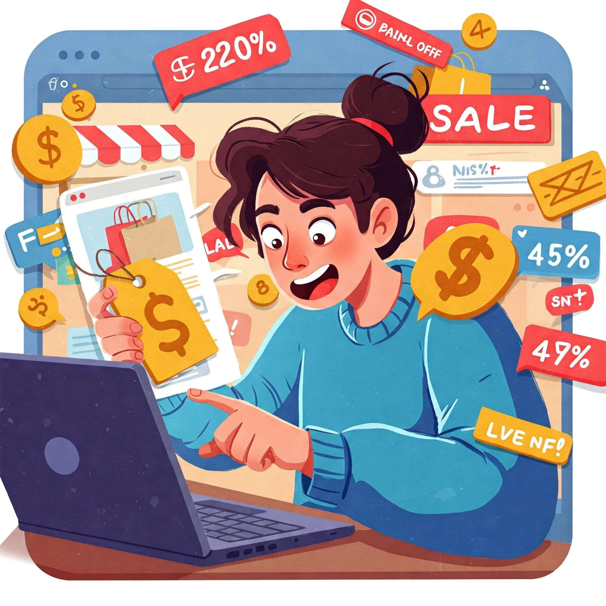 Osoba radośnie robiąca zakupy online, otoczona ikonami i symbolami wyprzedaży i rabatów, korzystająca z laptopa z witryną zakupową na ekranie.