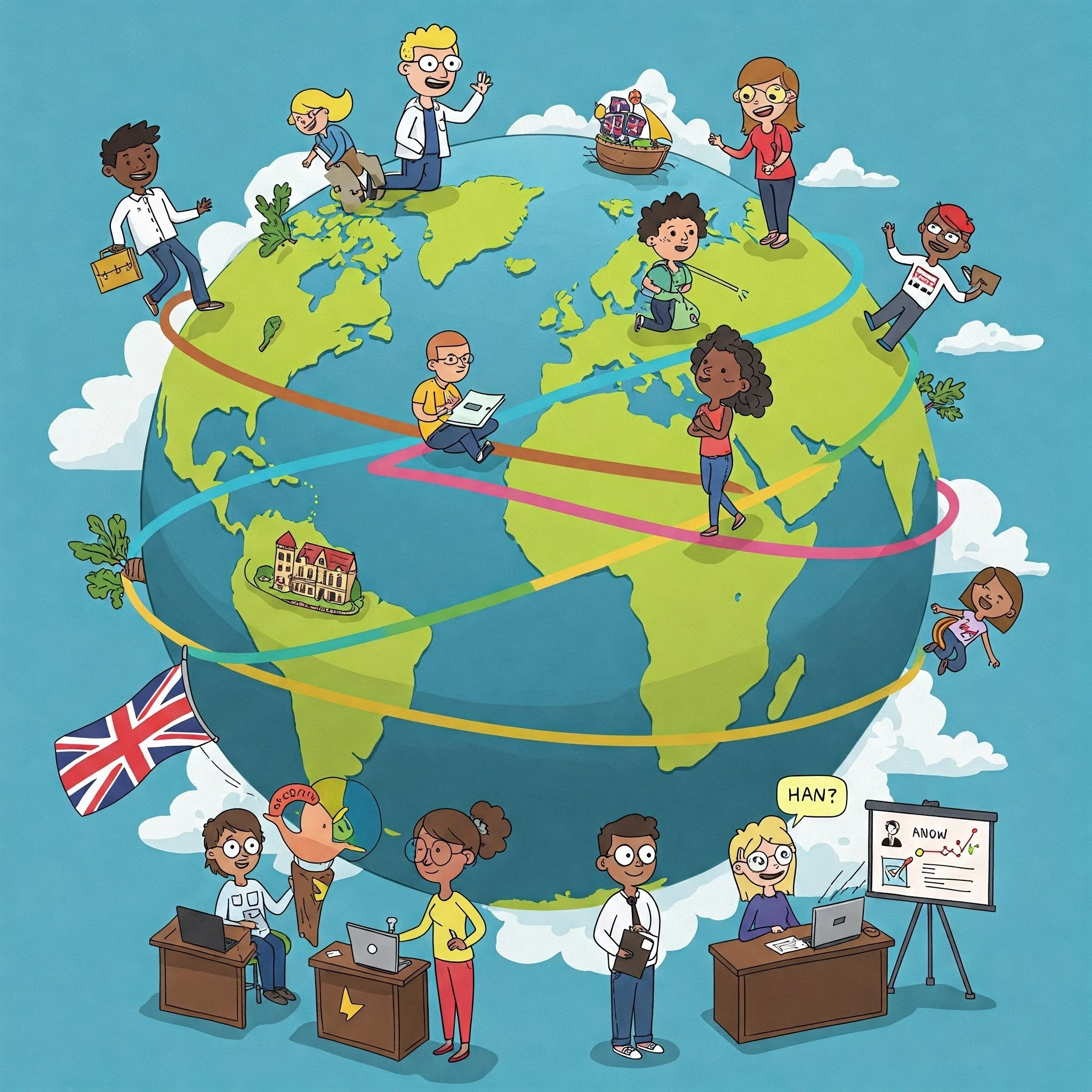 Kreskówka przedstawiająca różnych ludzi na całym świecie zaangażowanych w różne czynności, takie jak praca, trzymanie przedmiotów i korzystanie z technologii. Zawiera elementy takie jak laptopy, kosz i flaga Wielkiej Brytanii. Kolorowe linie łączą różne lokalizacje na obrazie Ziemi. Tło jest niebieskie z chmurami.