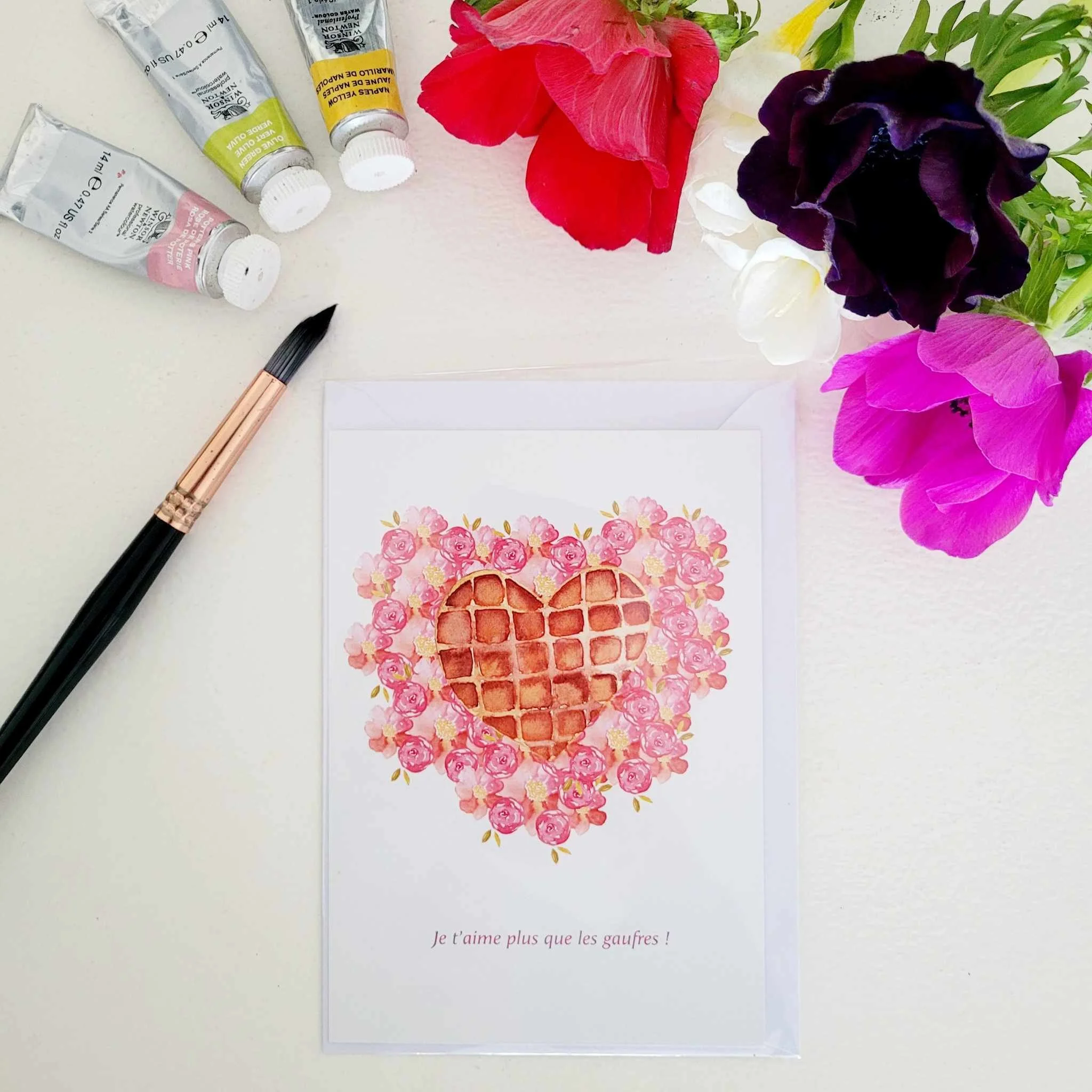 Carte Postale "Je t'aime plus que les gaufres !" – Aquarelle Romantique et Gourmande | Violette & Abricot