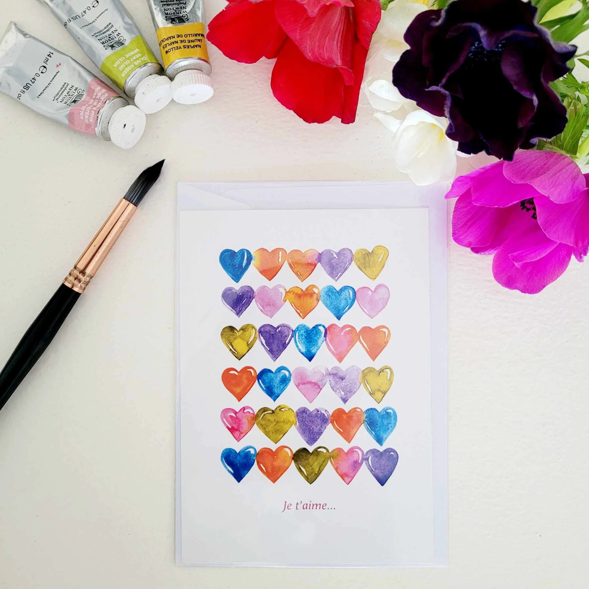 Carte Postale "Cœurs Multicolores" – Aquarelle "Je t'aime..." | Violette & Abricot