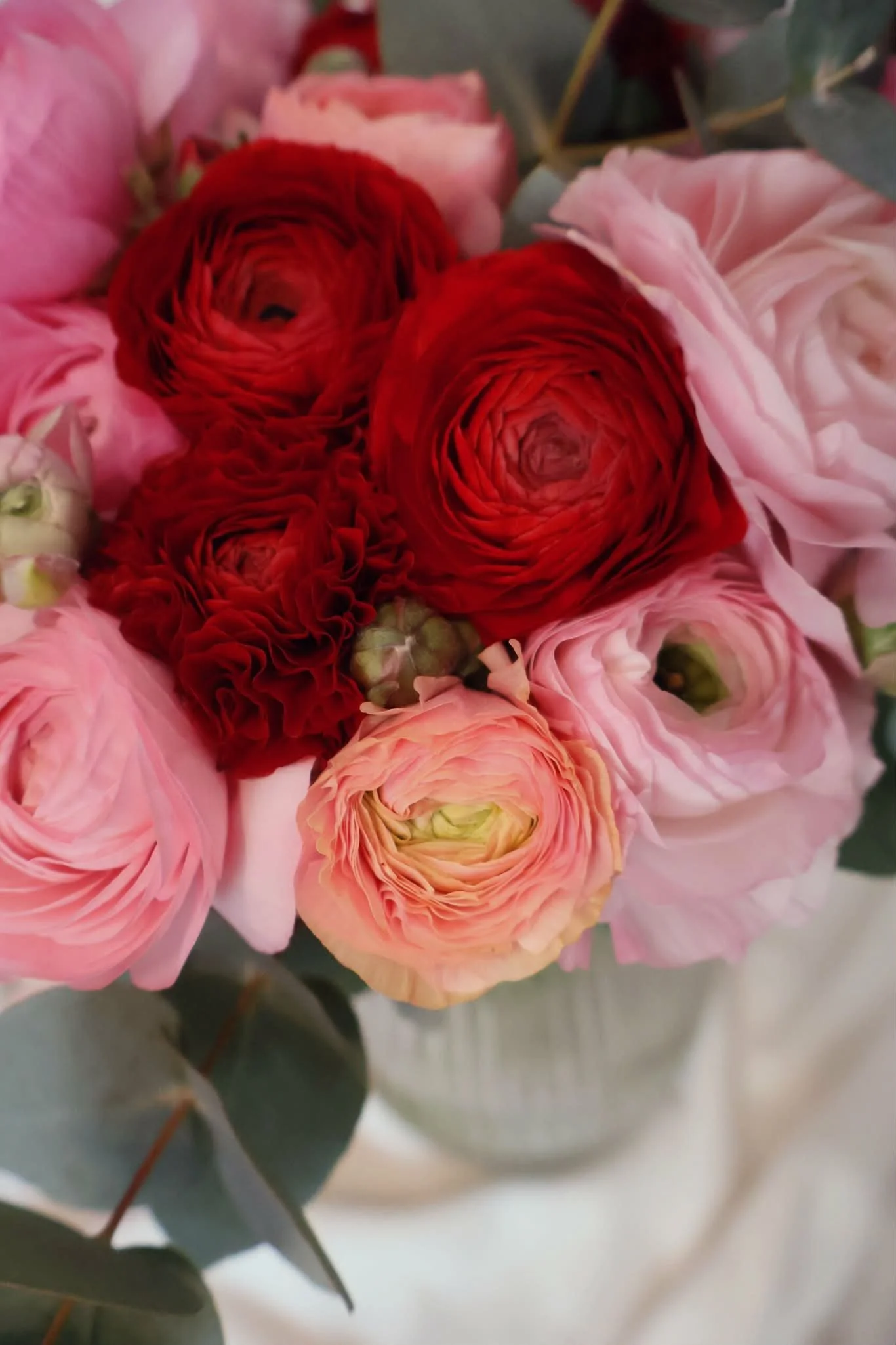 Bouquet de renoncules rouge et rose réalisé par Violette et Abricot votre fleuriste à Banyuls-sur-Mer avec des fleurs en circuit coup
