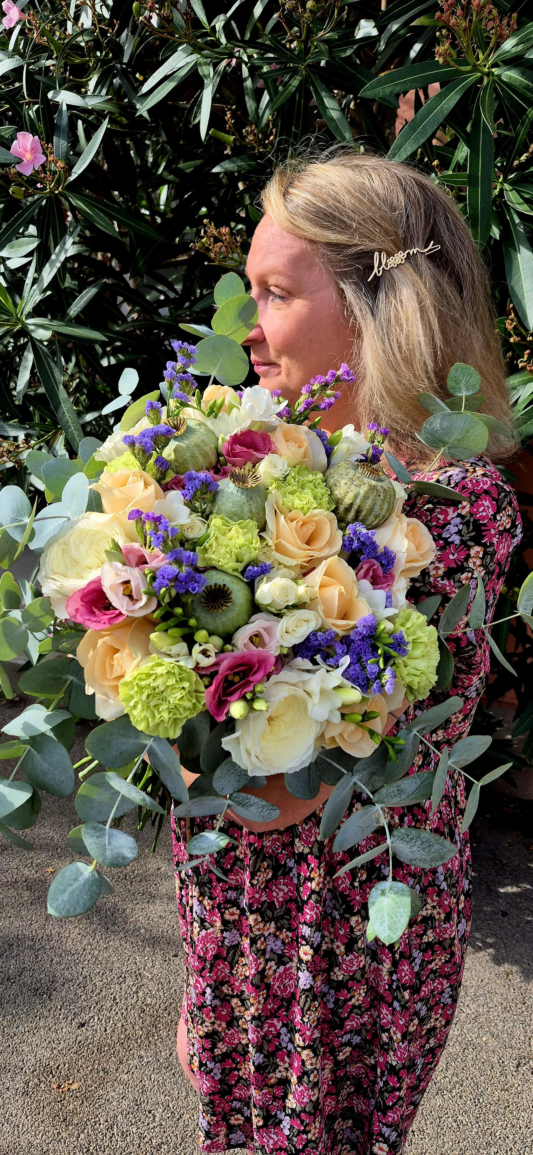Bouquet de Saison Pastel et Champêtre "Bloom" – Tons Pêche, Fuchsia & Violet