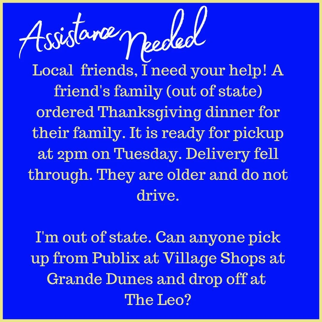 Hi friends, anyone local available to pick up and drop off a Thanksgiving meal (already paid for) to a local couple?🦃