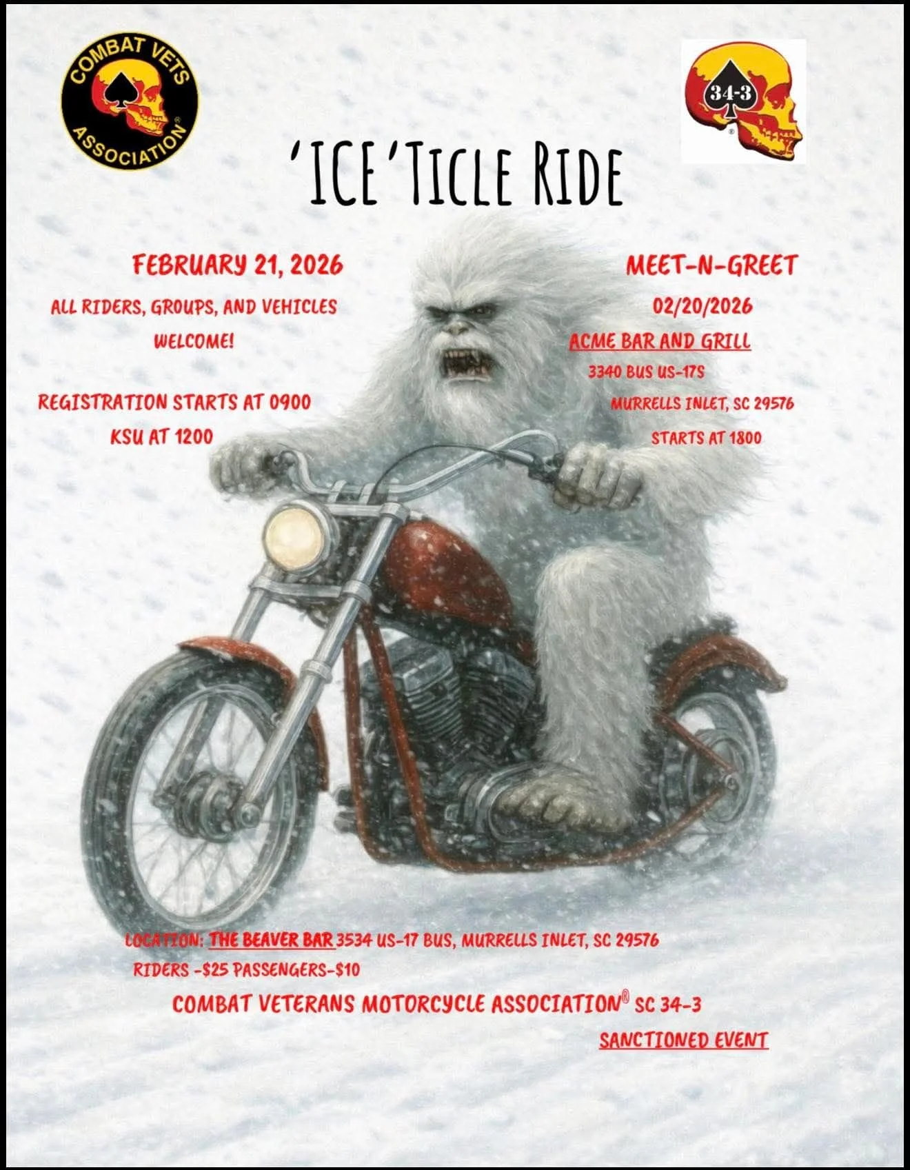 ❄️🏍️ ICE &lsquo;TICLE RIDE &ndash; FEBRUARY 21, 2026 🏍️❄️
Bundle up and ride out with the Combat Veterans Motorcycle Association&reg; SC 34-3 CR3W for one of the coldest (and coolest) rides of the year!
✔️ All riders, groups &amp; vehicles welcome
