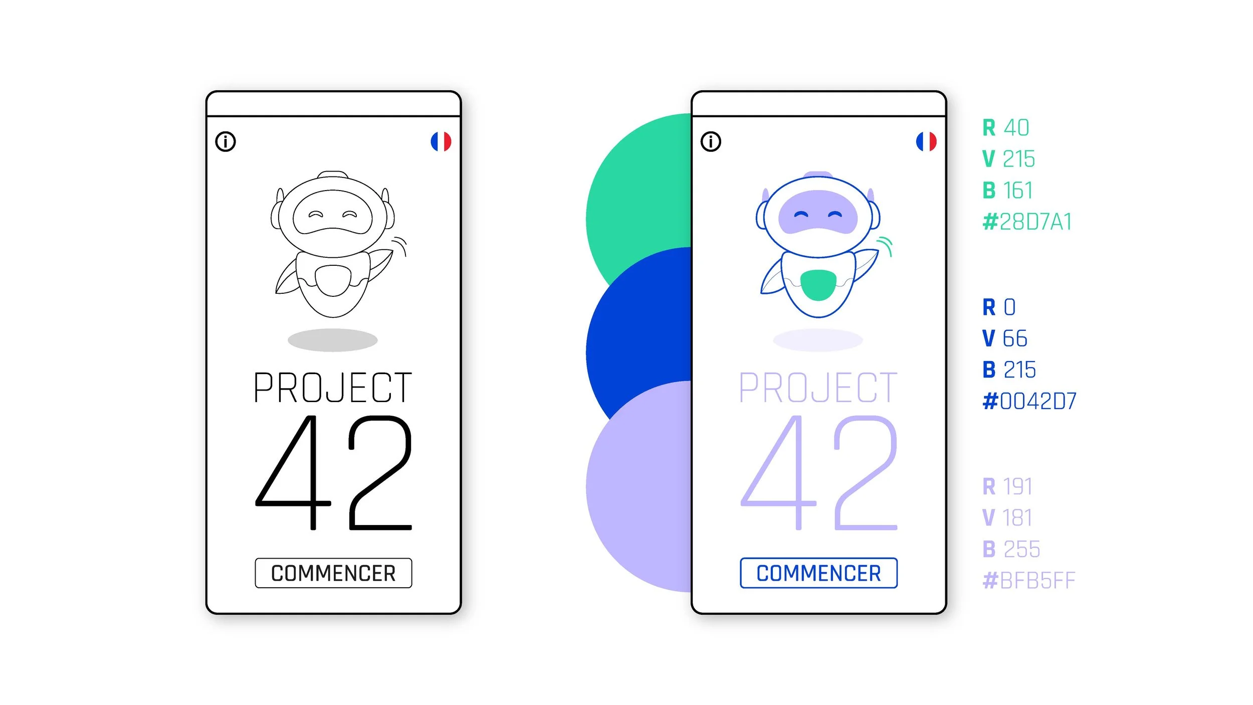 Deux écrans d'application avec un robot souriant et le texte "Project 42". Le bouton "Commencer" est présent en bas. À droite, il y a une palette de couleurs avec des codes RVB et hexadécimaux.