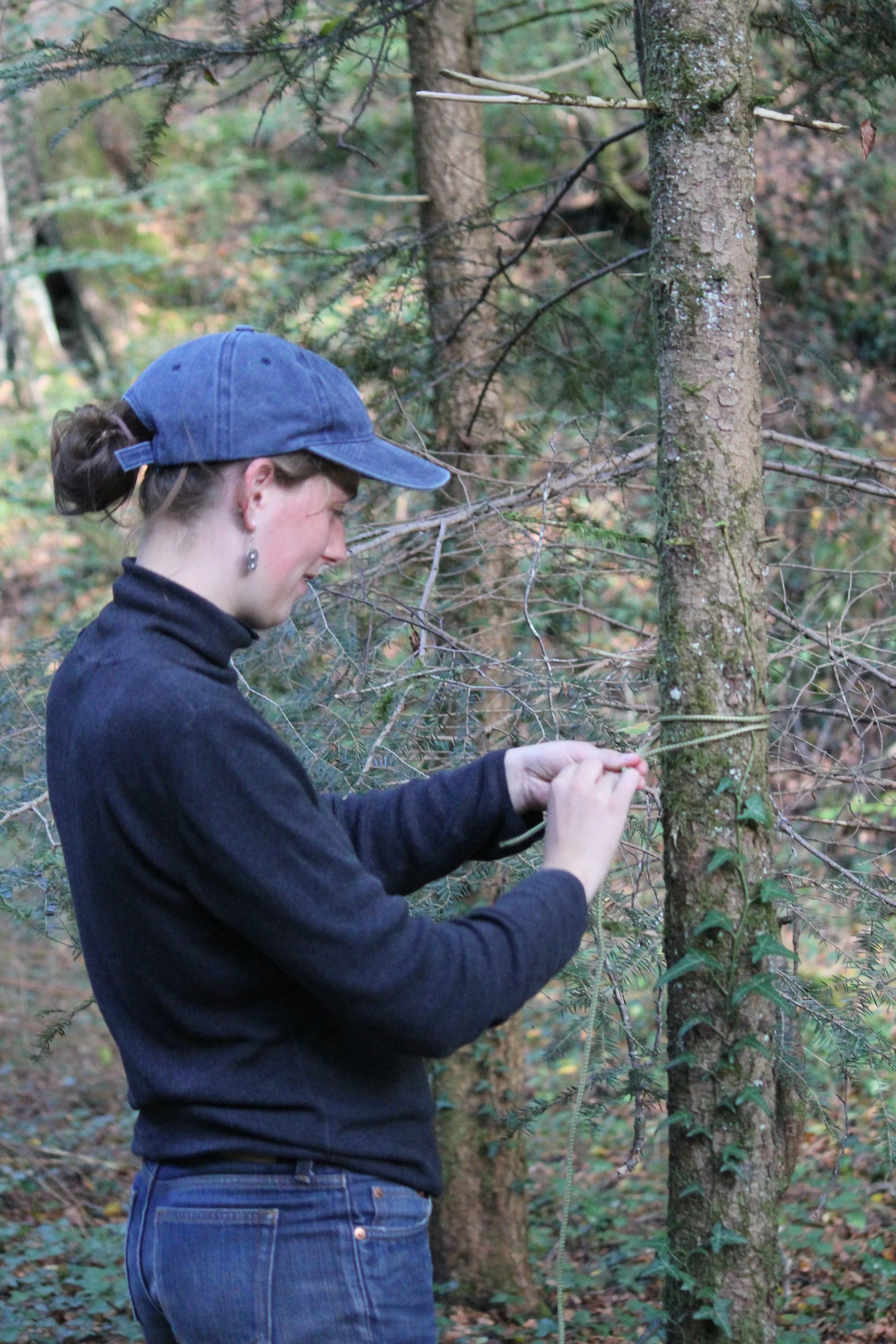 Eine Frau in einem Wald, die ein Band an einem Baum befestigt.