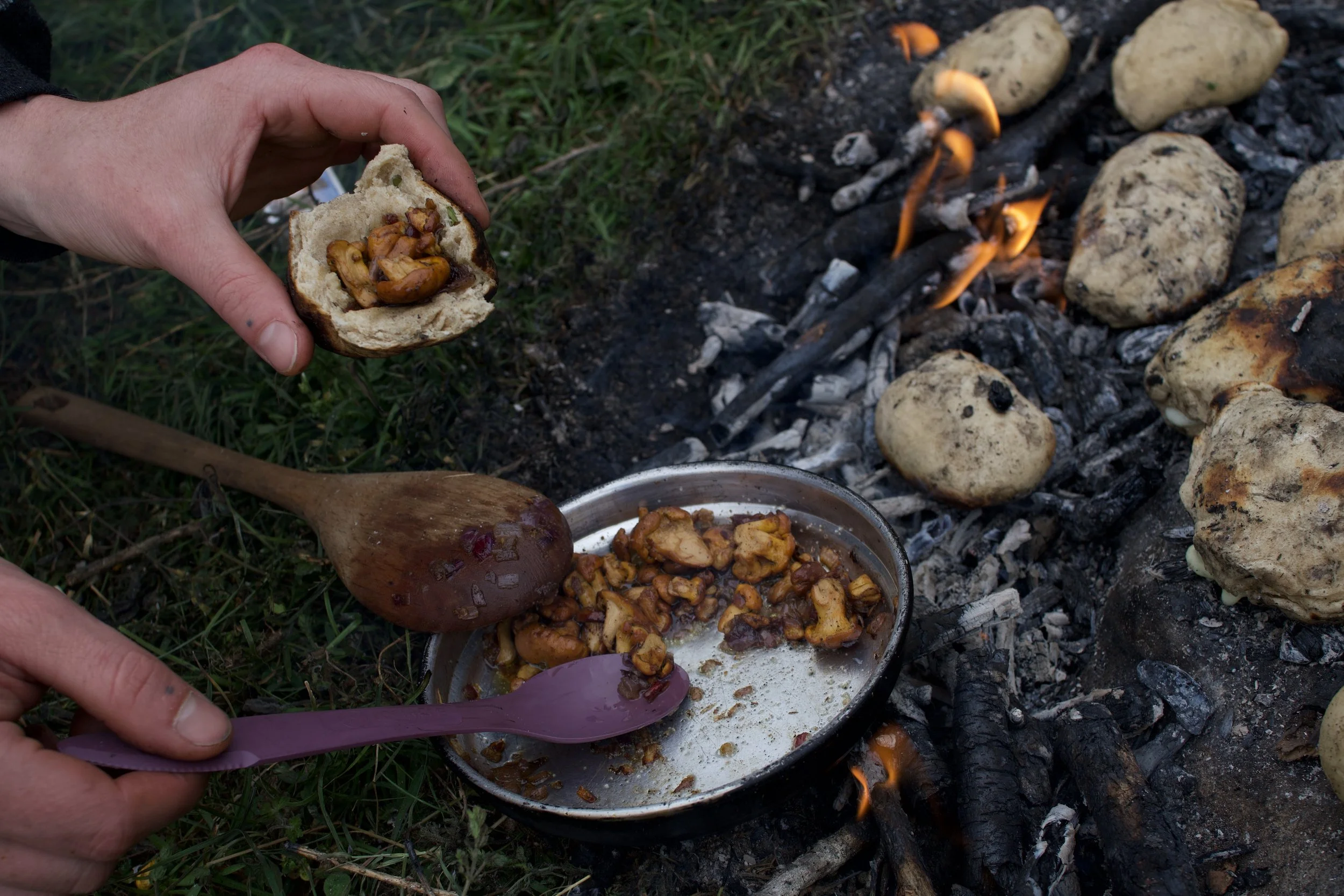 Person hält ein belegtes Sandwich mit gebratenen Pilzen über einem Lagerfeuer, auf dem Pilze in einer Pfanne gekocht werden, umgeben von Steinen und brennenden Holzstöcken.