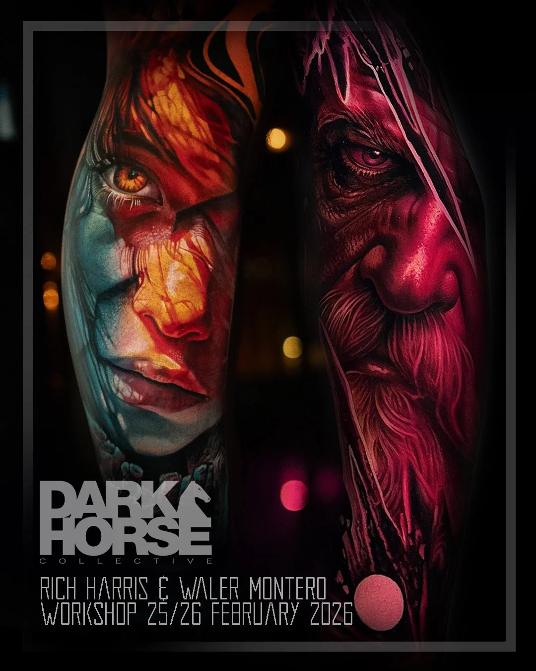Tattoo artwork featuring a woman's face on the left and an older man's face on the right, with text advertising a workshop by Rich Harris and Waler Montero on February 25 and 26, 2026.