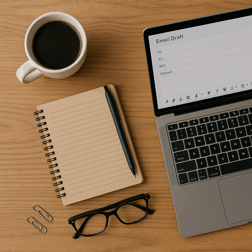 A workspace with a cup of black coffee, an open spiral notebook with a pen, a pair of black glasses, paper clips, and a laptop displaying an email draft on a wooden surface with TinySpark Marketing