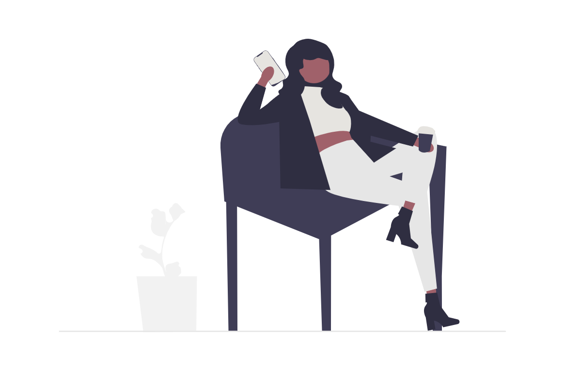 Illustration of a black woman sitting on a chair, holding a coffee cup and a smartphone to her ear during her therapy session. She is dressed in a black blazer, white top and pants paired with black high-heeled boots.