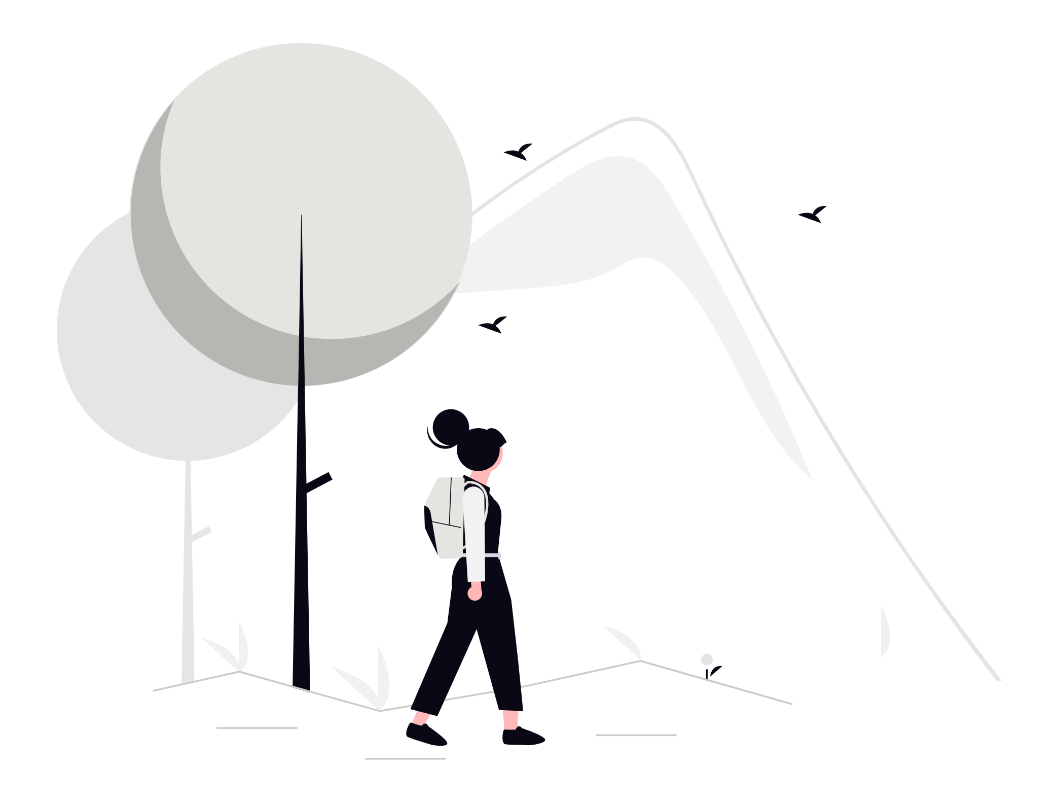 Minimalist illustration of a woman, after seeking trauma therapy, with a backpack walking outdoors near trees and mountains, with flying birds in the sky.