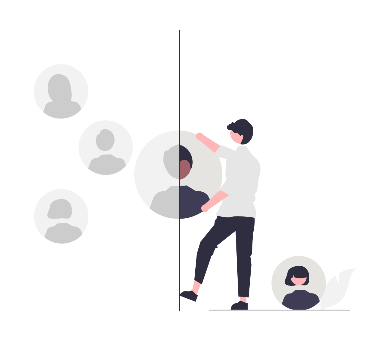 Illustration of a person standing pulling photos of people, representing relationships with family, friends, coworkers, and acquaintances discussed in attachment and relationship therapy in Philadelphia.