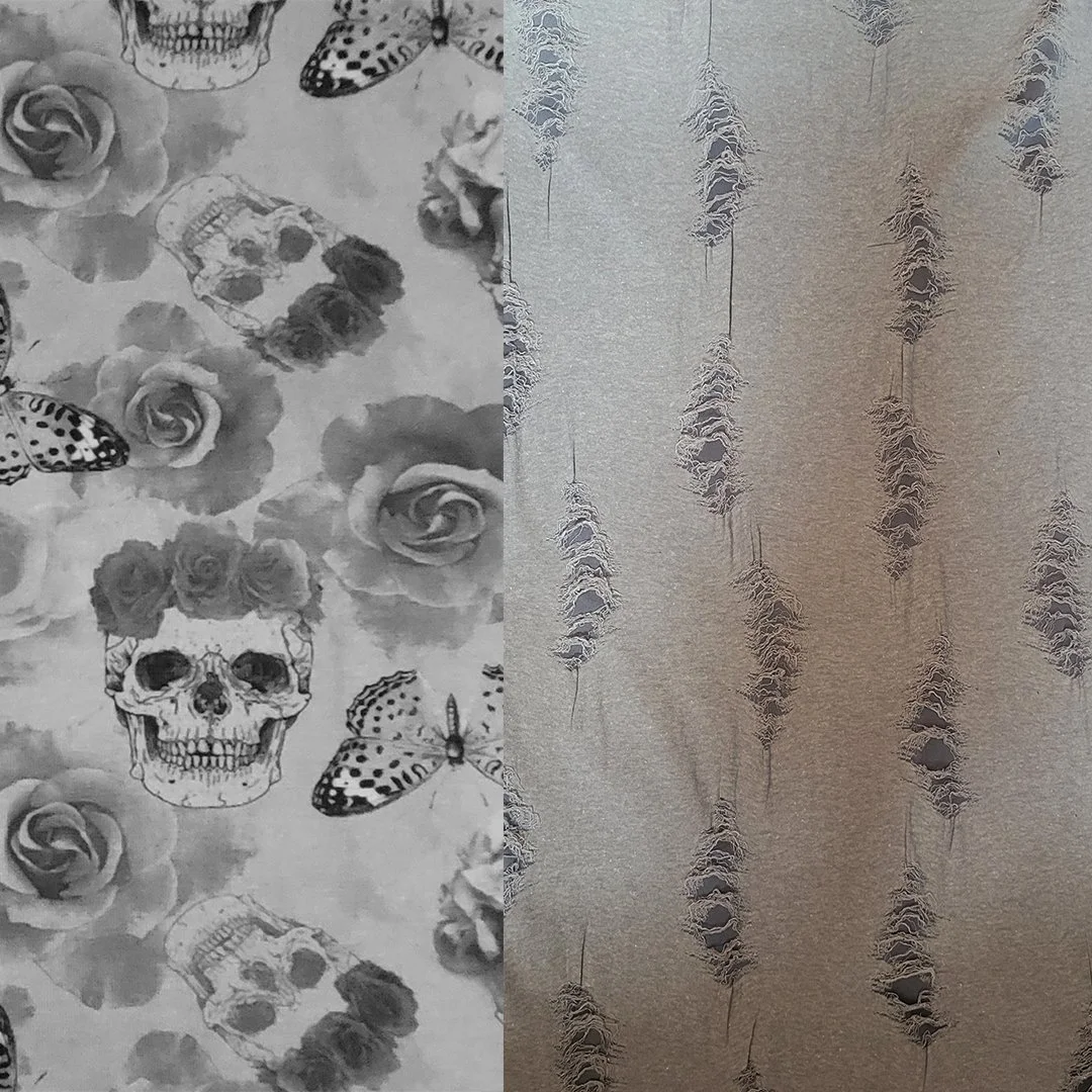 Punk Rock Bund Jersey Schädel + Rosen + Fetzenstoff Hellgrau Jersey 95% BW, 5% EL, Fetzenstoff 100% PL, 30 Grad Waschmaschine, leicht schleudern, dämpfen möglich, nicht in en Trockner, nicht bleichen