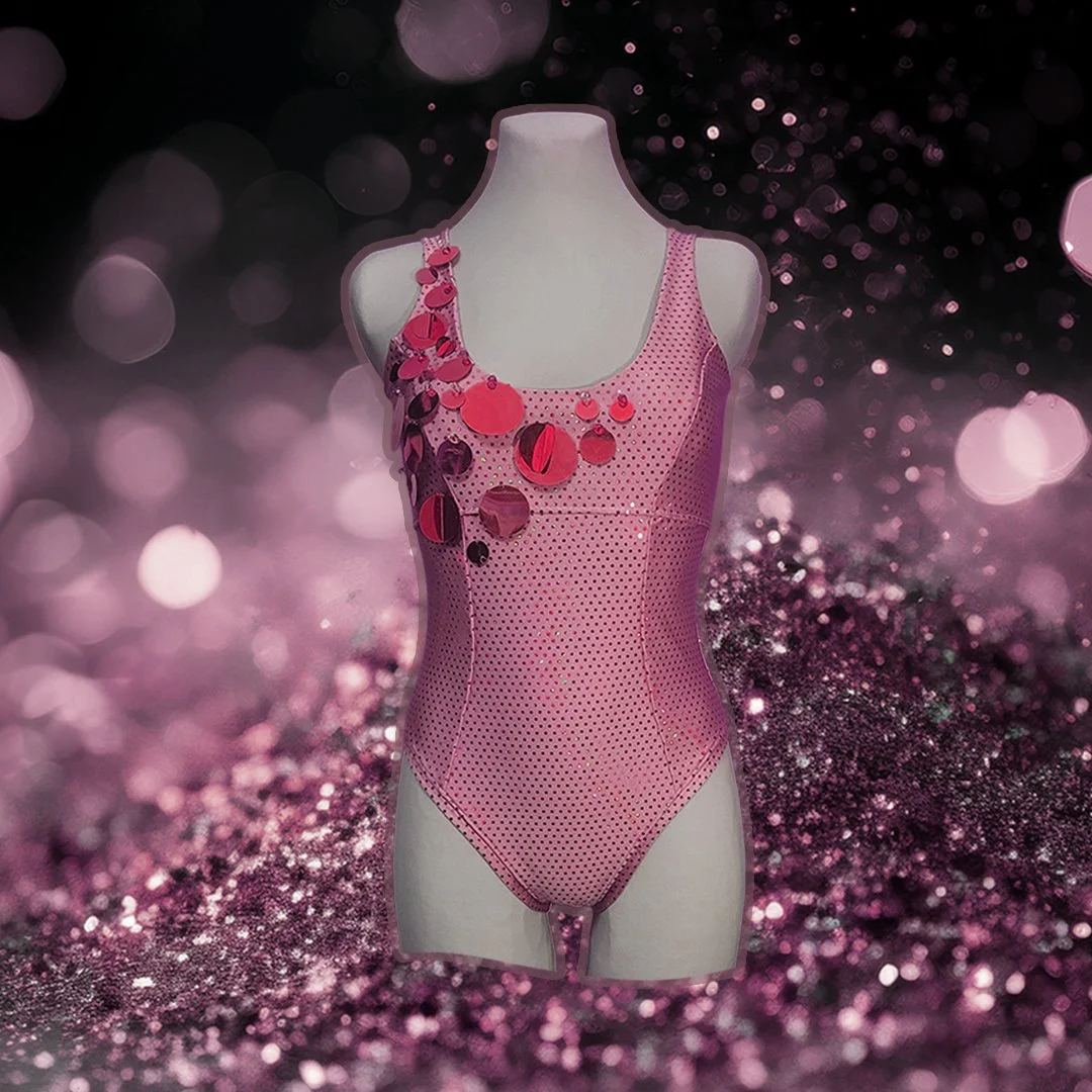 Sonn- & Badeanzug "Bling Bling" mit hohen Beinausschnitten, Oberteil bedeckt einen BH.