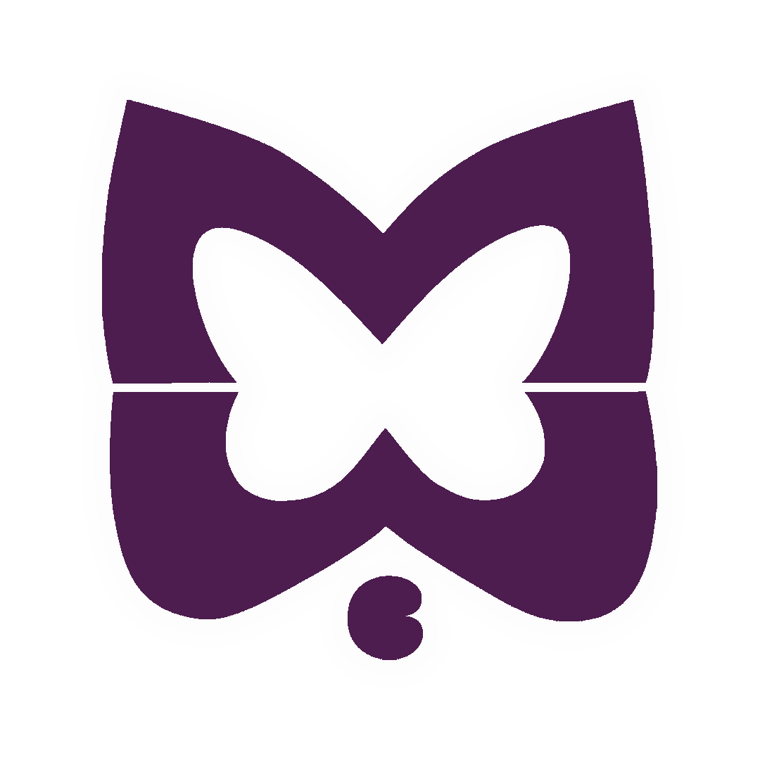 Symbol eines Schmetterlings mit einem kleineren Schmetterlingsumriss in der Mitte, in dunkler Lila-Farbe. Es ist auch gleichzeitig eine Herrenfliege vom Smoking.
