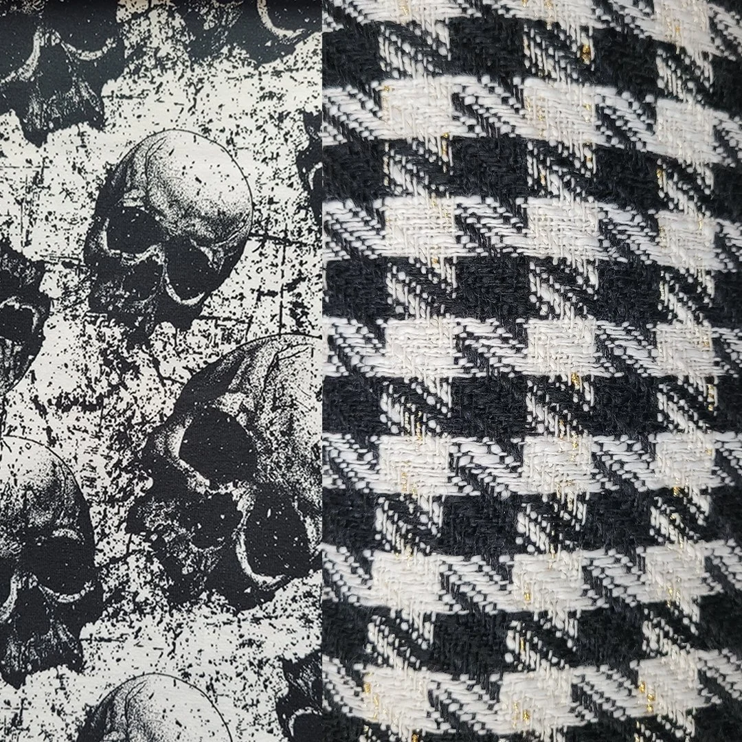 Punk Rock Bund Jersey Schädel Schwarz/Weiß 95% Baumwolle/5% Elastan Hahnentritt Groß Schwarz+ Weiß+ Lurex Gold 70%PES / 25%WO%5%LU Kalt in der Waschmaschine, dämpfen möglich