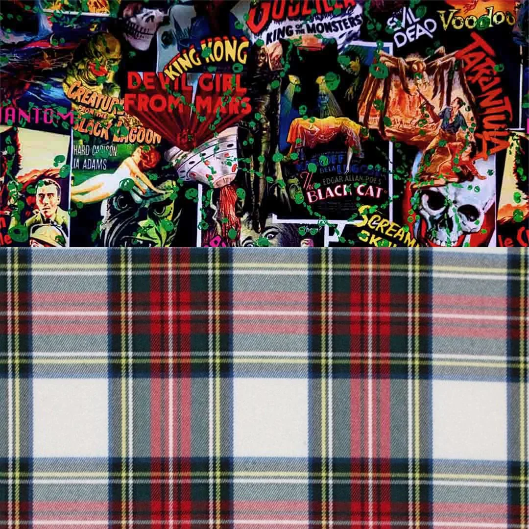 Punk Rock Tartan Rot/Weiß + Lycra Horrormovie Tartan 64% Polyester, 31% Viskose, 5% Elasthan, 260 g/m², Bei 30 Grad waschen, maximal 110°C bügeln, Nicht bleichen, Nicht im Trockner trocknen